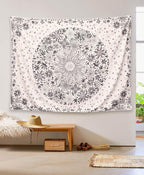 Neasow Bohemian Tapestry Wall Hanging, Beige White Floral Tapestry with Dotted Daisy Medallion Print Bedroom Boho Hippie Home Decor, 60x80 inches