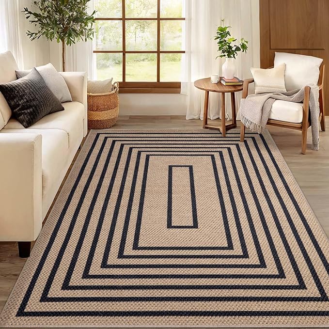 Tangsoo Easy Jute 3x5 Area Rug for Living Room,Non-Slip Black Thin Indoor Outdoor Rug,Boho Farmhouse Geometric Washable Carpet for Front Porch Bedroom Patio Entryway