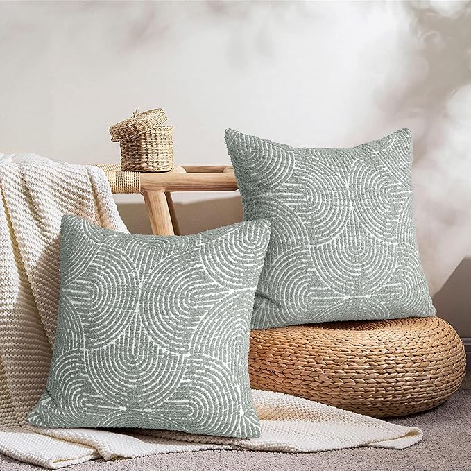 AELS Boho Decorative Textured Throw Pillow Covers 18x18, Organic Modern Mid Century Rainbow Tufted Pillow Case, Farmhouse Rustic Geometric Woven Cushion Case for Bed Couch Sofa, Slate Pale Blue Gray