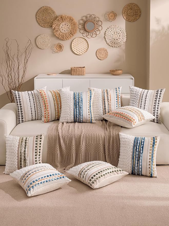 Fall Boho Chenille Tufted Throw Pillow Covers 18x18 Inch Set of 2 Farmhouse Striped Couch Decorative Pillow Covers Accent Neutral Pillowcase Yellow Orange Cushion Cover for Livingroom Sofa Bed