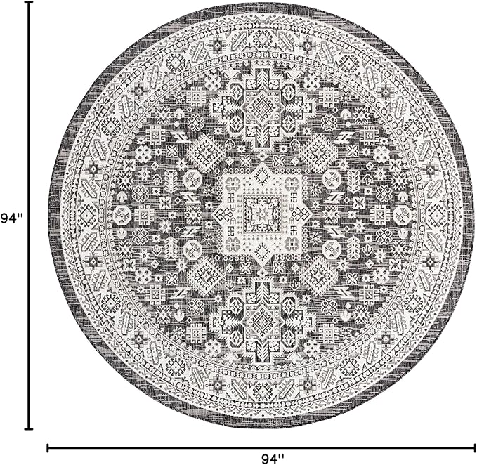 Rugs.com Outdoor Aztec Collection Rug – 8 Ft Round Charcoal Gray Flatweave Rug Perfect for Kitchens, Dining Rooms