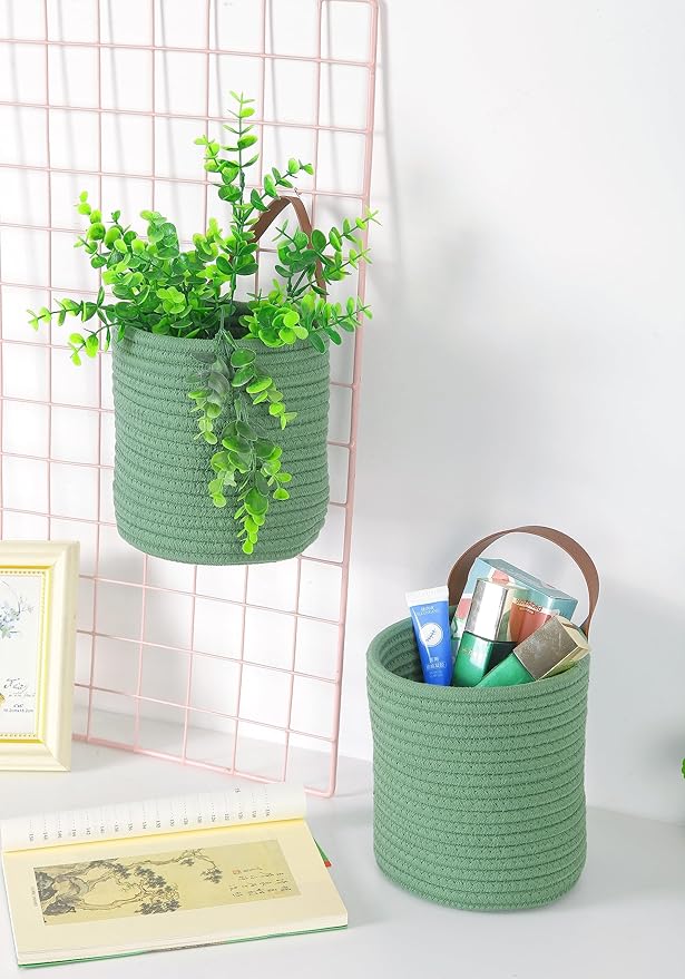 2pack Small Hanging Basket-Cotton Rope Wall Basket with Handle, Hanging Storage Baskets, Shelf Baskets Storage Bin Closet Organizer - 6.3" x 7", Woven Plant Basket (Green)