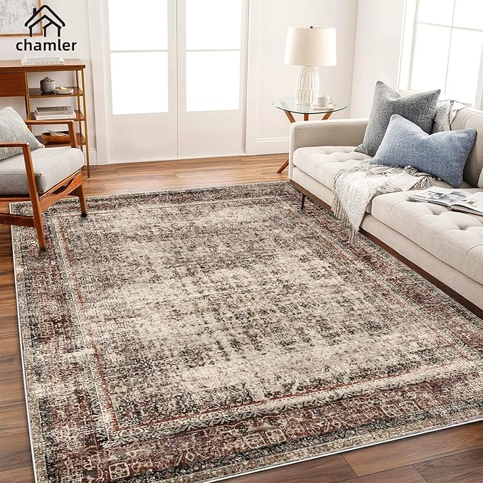 8x10 Area Rug Washable Vintage Traditional Mat Distressed Indoor Foldable Thin Retro Accent Floral Non Slip Carpet Rugs for Living Room Dining Room Office
