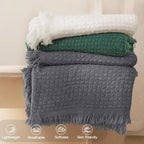 Exclusivo Mezcla Twin Size Knit Blanket with Fringes for Bed, Reversible Super Soft and Warm Woven Boho Throw for All Season, Home Decor, 60"x80", Dark Grey