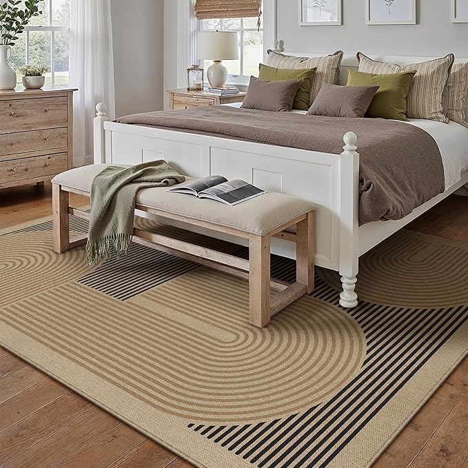 8x10 Modern Geometric Easy Jute Area Rug for Living Room Large Washable Indoor Outdoor Carpet Farmhouse Patio Office Mat Geometric Line Non Slip Black Carpet for Backyard Dining Room