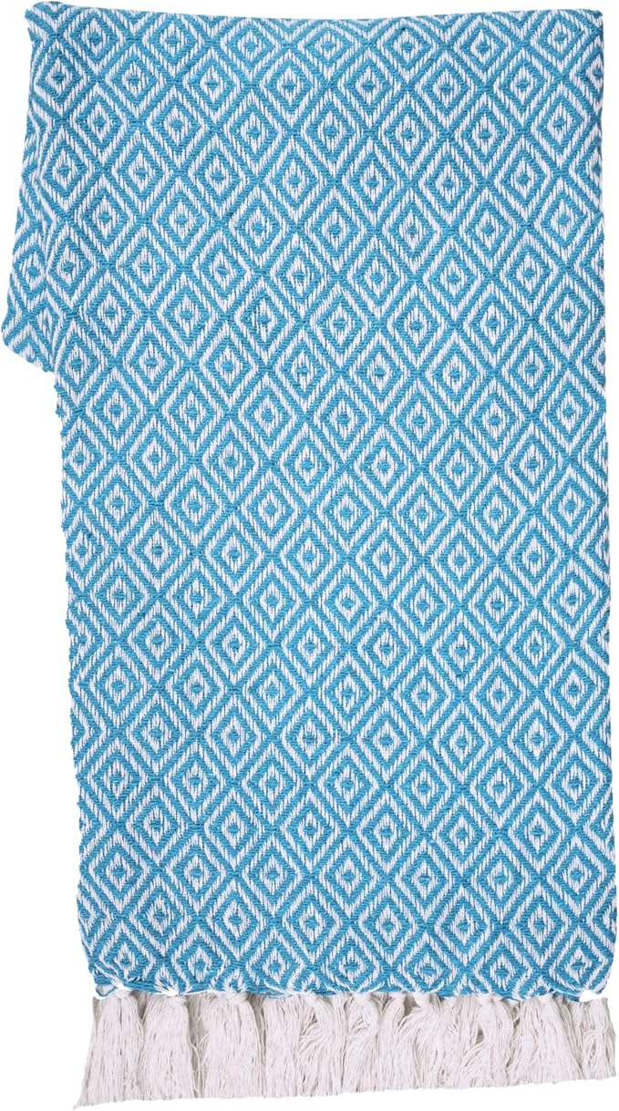 RAJRANG Throw Blanket Cotton with Tassel - 50x60 Inches Soft 100% Cotton Boho Decorative Farmhouse Throw for Bed Sofa Chairs and Couch Caribbean Sea Blue