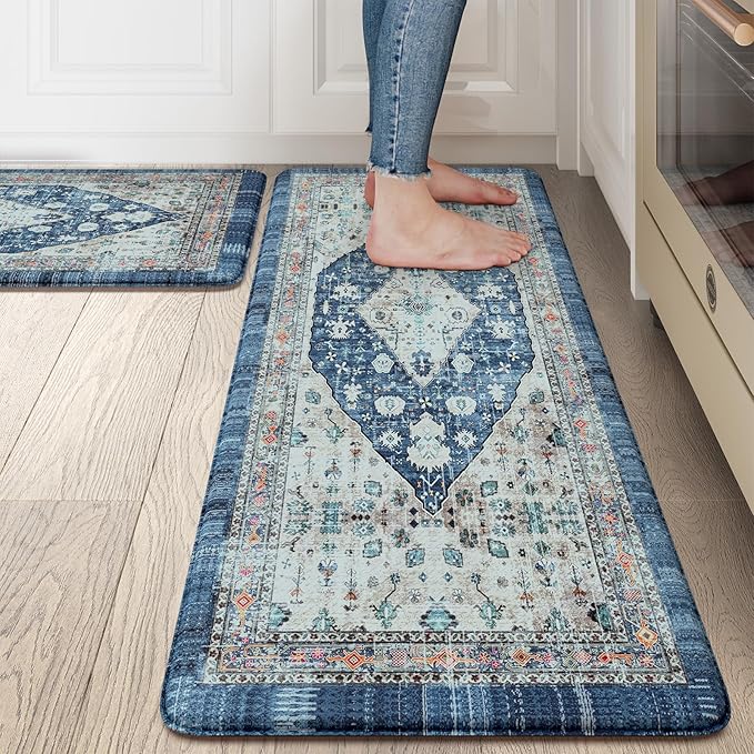 Collive Boho Kitchen Rugs Set of 2 Non Skid Kitchen Mats for Floor Cushioned Anti Fatigue Kitchen Floor Mats Waterproof Comfort Heavy Duty Foam Mats for Standing Desk Sink Laundry, 17.3"x29"+17.3"x47"