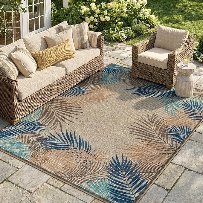 LIVEBOX Modern Easy Jute 5x7 Outdoor Rug, Washable Area Rugs for Living Room Patio Tropical Leaf Indoor Outdoor Rug, Boho Farmhouse Non Slip Carpet for Backyard Foyer Dining Room(Olive, 5'x7')