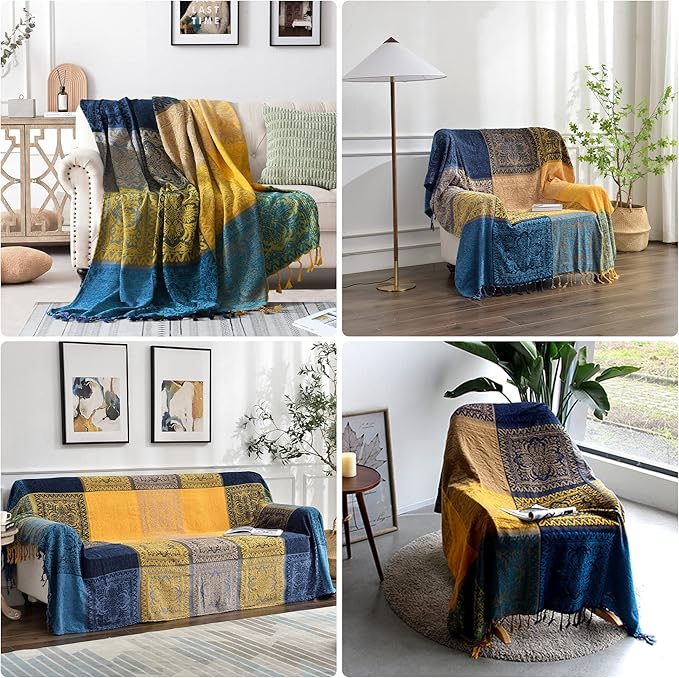 Bohemian Throw Blanket for Couch，Colorful Chenille Tassels Boho Woven Hippie Bed Blankets for Couch Sofa Chair Recliner Loveseat, Bohemian Fringe Tassels Decor Home (60" x 76")