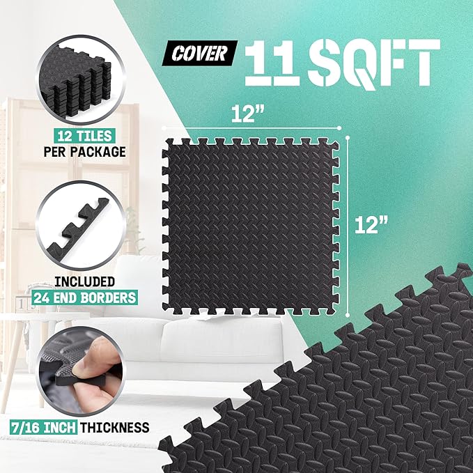 Yes4All EVA Interlocking Mats, Puzzle Floor Tiles, Foam Floor Padding with Border for Furniture, Home Space, Living Room, Garage 11 SQFT