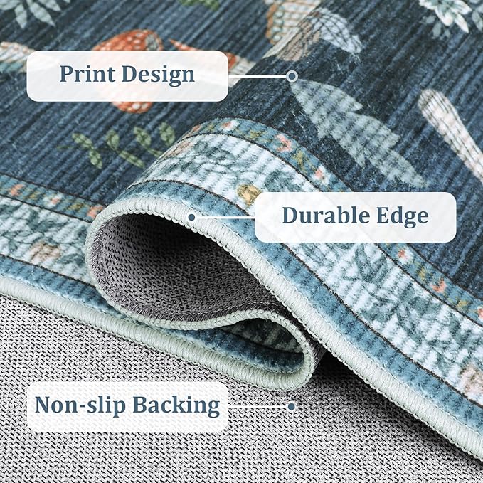 Washable Rug 5x7 Area Rugs for Living Room, Mushroom Insect Rug for Bedroom, 5x7 Rug Non Slip Throw Rugs with Rubber Back, Low Pile Stain Resistant Modern Carpet for Dining Room Dorm,Blue