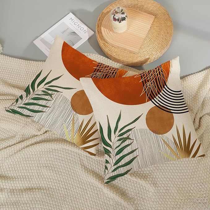 Boho Pillow Covers 16x16 Set of 2 Green Gold Orange Throw Pillows Tropical Leaves Sunset Modern Mid Century Decorative Pillowcase Outdoor Bohemian Linen Cushion Case for Couch Sofa Bed Decor
