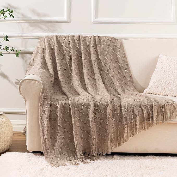 BATTILO HOME Khaki Throw Blanket, Beige Throw Blanket for Couch, End of Bed Throws Spring Decorative Large Throw Tan (Beige, 52"x80")