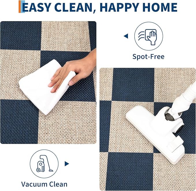 GarveeHome Easy Jute Area Rugs 6x9 for Living Room Non-Slip Backing Checkered Rugs Machine Washable Modern Indoor Outdoor Carpets for Dining Room Nursery Patio Bedroom Backyard Camping Navy Blue