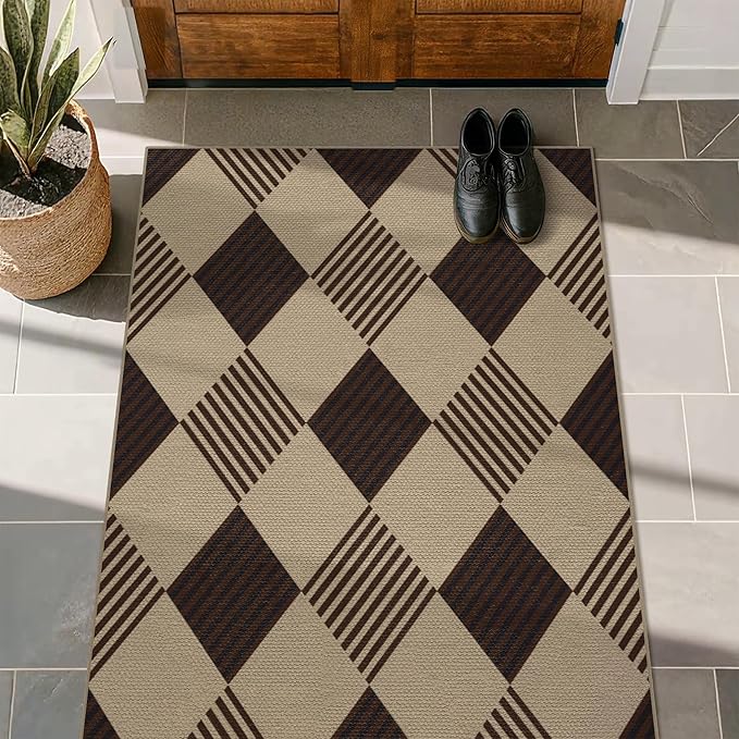 Washable Easy Jute 3x5 Entryway Rug - Door Mat Indoor Entrance, Diamond Rug for Entry Way, Kitchen, Low Pile Light Brown Geometric Striped Woven Front Door Décor