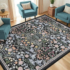 Area Rug Living Room Rugs: Floral 5x7 Washable Rug Vintage Soft Boho Non-Slip Carpet Indoor Stain Resistant Large Carpets for Bedroom Dining Room Farmhouse Nursery Hallway Home Office Dark Black