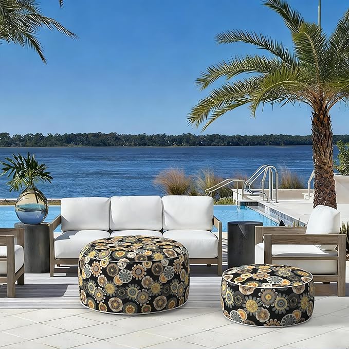 LVTXIII Indoor/Outdoor Extra Large Inflatable Ottoman Pouf D31 x H14 Inch, Round Footstool with Handle, Weather-Resistant Portable Furniture for Patio, Camping, Beach, Black Yellow Crosby