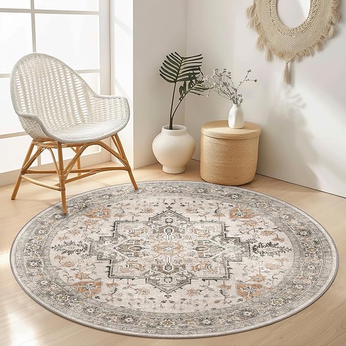 GENIMO 7FT Round Area Rugs for Living Room, Circle Rugs Machine Washable Low Pile, Chenille Non Slip Vintage Rug for Bedroom, Dining Room, Home Office, Light Taupe Brown