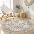 GENIMO 7FT Round Area Rugs for Living Room, Circle Rugs Machine Washable Low Pile, Chenille Non Slip Vintage Rug for Bedroom, Dining Room, Home Office, Light Taupe Brown
