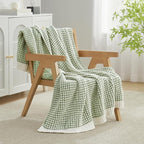 Amélie Home Waffle Chenille Throw Blanket for Couch, Pineapple Stitch Knit Soft Cozy Knit Blanket Decorative Throw for Sofa, Chair, 50"x60", Sage Green&Ivory