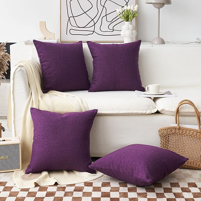 Home Brilliant Purple Pillow Covers Decorative Lined Linen Square Pillow Cases Throw Pillows for Couch Sofa Bed, Set of 4, 18 inch