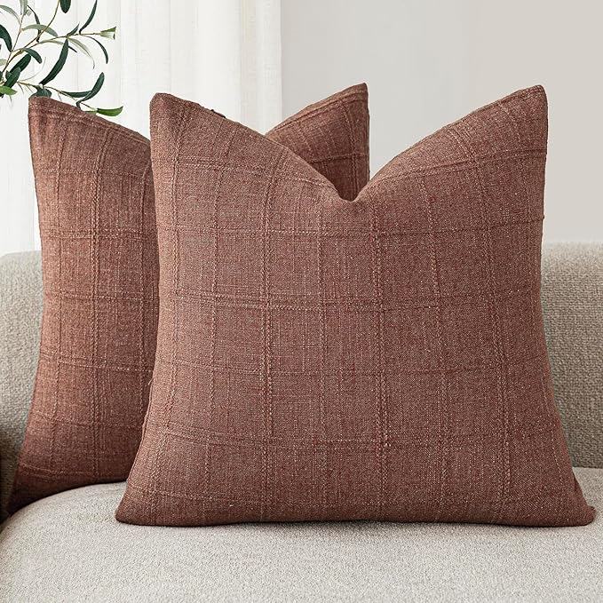 Foindtower Set of 2 Decorative Linen Check Throw Pillow Covers Neutral Farmhouse Vintage Cushion Covers Modern Boho Home Decor for Sofa Chair Couch Bedroom Living Room,26×26 Inch,Autumnal Red