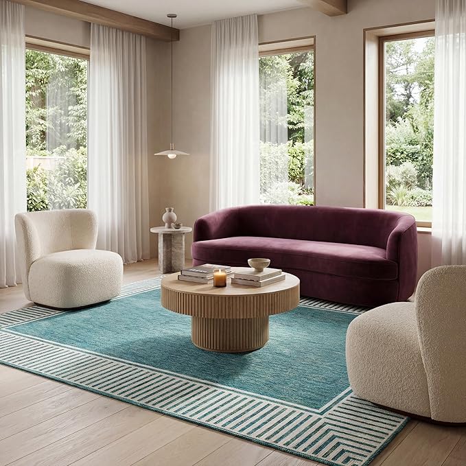 Nuloom Asha Teal/Ivory, 8' x 10', Casual, Striped Border, Soft and Cozy, High Traffic, Stain Resistant, Easy Clean, Durable Area Rug for Indoor/Outdoor Patio, Deck, Porch, Garden, Courtyard