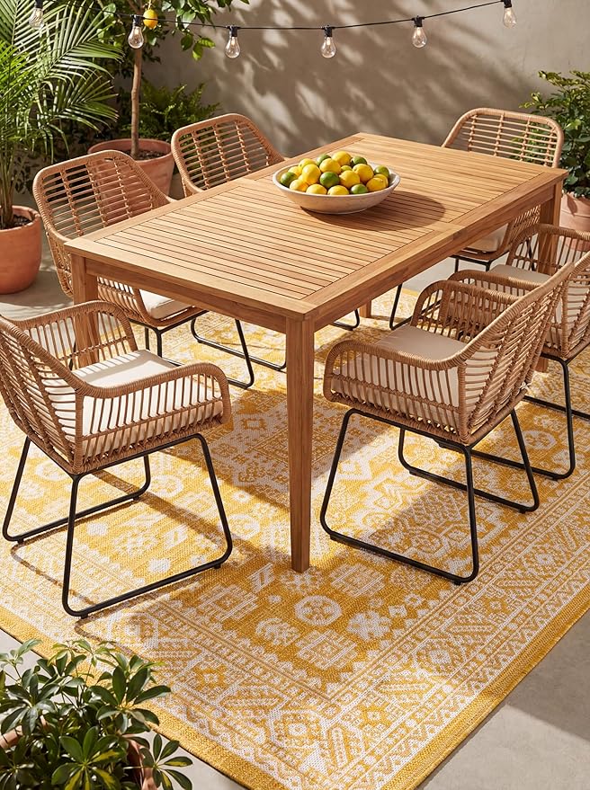 Rugs.com Outdoor Aztec Collection Rug – 10 Ft Square Yellow Flatweave Rug Perfect for Living Rooms, Kitchens, Entryways