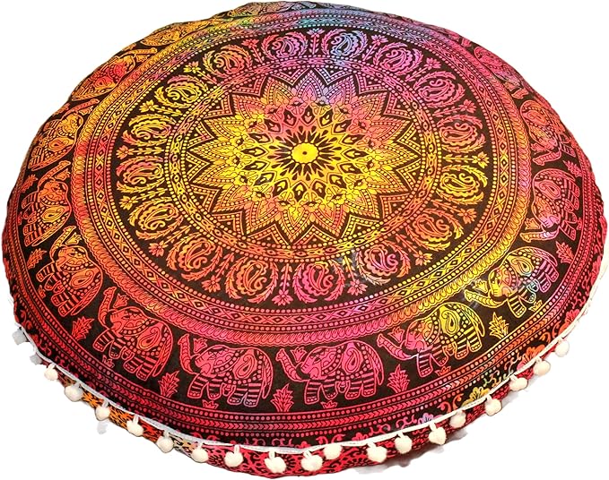 Round Mandala Floor Pillow Cover Seating Cushion Throw Cover Hippie Decorative Bohemian Ottoman Pouf Cover, Pom Pom Pillow Cases,Boho Indian 22 Inches (Multi Elephant Flower)