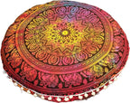 Round Mandala Floor Pillow Cover Seating Cushion Throw Cover Hippie Decorative Bohemian Ottoman Pouf Cover, Pom Pom Pillow Cases,Boho Indian 22 Inches (Multi Elephant Flower)