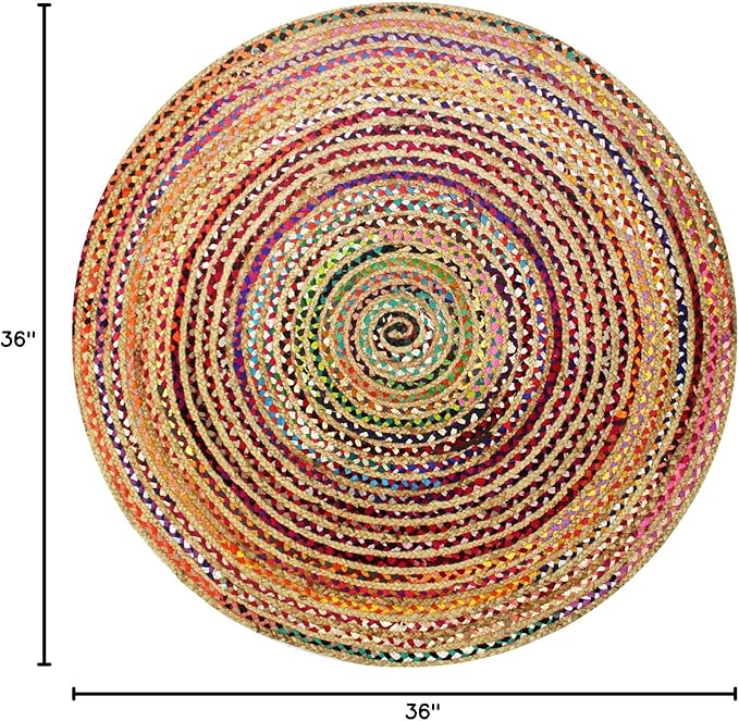 COTTON CRAFT Jute Cotton Chindi Braid Rag Rug - Boho Farmhouse Rustic - Handwoven Reversible Natural Jute and Recycled Cotton Throw Area Rug Carpet - Home Décor - 3 Feet Round Multi Color