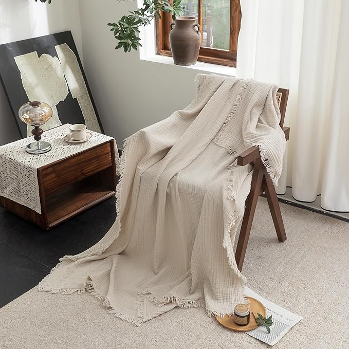 FOSSA Muslin Blanket with Fringe - 4-Layer 100% Cotton Gauze Super Soft & Breathable Throw -Lightweight Decorative Cooling Blanket for Bed, Sofa, Office -Oversize Queen Size 98" × 98" (Beige)