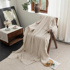 FOSSA Muslin Blanket with Fringe - 4-Layer 100% Cotton Gauze Super Soft & Breathable Throw -Lightweight Decorative Cooling Blanket for Bed, Sofa, Office -Oversize Queen Size 98" × 98" (Beige)