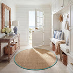 SAFAVIEH Area Rug 6' Round - Natural Fiber Collection - Natural & Teal, Seagrass, Basketweave Pattern with Border (NF114R)
