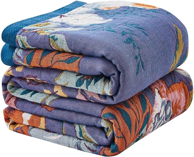 Boho Blanket Soft Muslin BohoThrow Blanket, 100% Cotton Floral Printed Farmhouse Decor All Season Reversible Rustic Throw for Sofa Couch Chair (Purple, 60"x80")