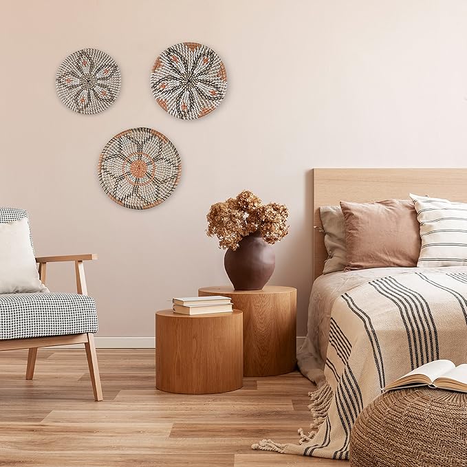 Clinton Calicep & Nicolea Woven Wall Basket Decor Set of 3 - Modern Boho Rustic Wicker Hanging Wall Baskets - Natural Decorative Storage for Bedroom, Kitchen, Living Room & Dining Room