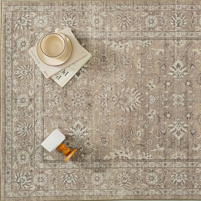 5x7 Area Rug Brown Washable Vintage Carpet Living Room Bedroom Non Slip Stain Soft Resistant Low Pile Thin Boho Accent Indoor Throw Rug for Dining Room Office