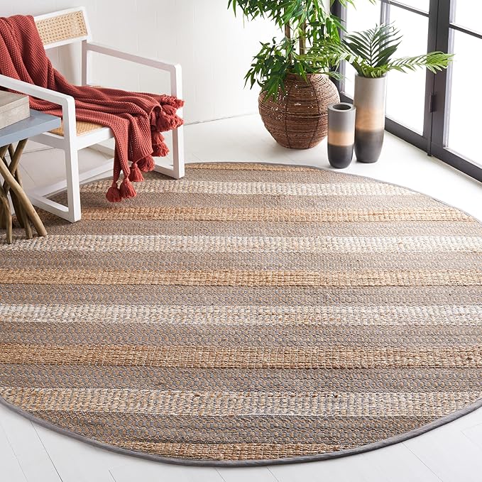 SAFAVIEH Natural Fiber Collection Area Rug - 7' Round, Grey & Natural, Handmade Flat Weave Stripe Jute & Cotton, Ideal for High Traffic Areas in Living Room, Bedroom (NFB652F)