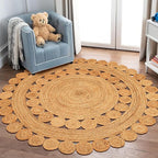 Hand Woven Braided Jute Rug - 5' Round - Reversible Farmhouse Dining Room Rug, Living Room, Bedroom, Kitchen - Natural Decorative Floor Boho Entry Area Rugs - 5ft Round Rug