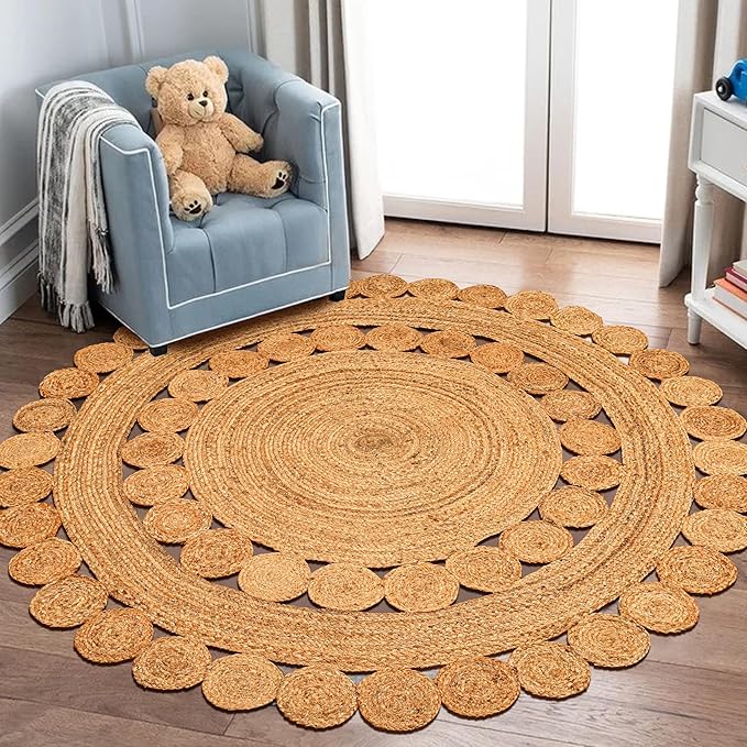 Hand Woven Braided Jute Rug - 5' Round - Reversible Farmhouse Dining Room Rug, Living Room, Bedroom, Kitchen - Natural Decorative Floor Boho Entry Area Rugs - 5ft Round Rug