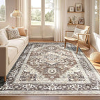 Washable Rug 7x9 Area Rugs: Boho Vintage Distressed Oriental Medallion Neutral Thin Large Rug Carpet for Living Room Bedroom Dining Room Home Office Decor - Dark Brown