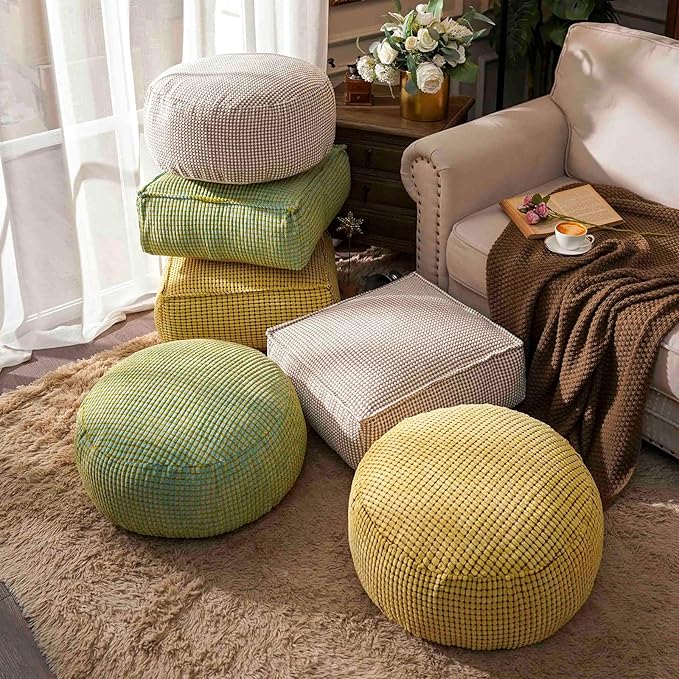 SUTAVIA Pouf Ottoman Cover Unstuffed Pouf Seat Decorative Soft Storage Bean Bag 20x20x8 Inches Floor Footrest for Living Room Bedroom (Yellow, Round)