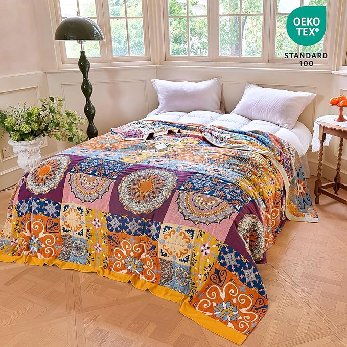 MSGKV Boho Throw Blanket for Bed 60"x80" 100% Cotton Couch Blanket Spring Breathable Lightweight Twin Size Blankets Home Decor Muslin All Seasons
