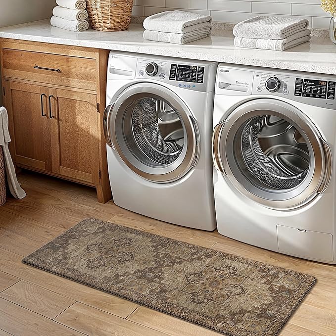 GENIMO Kitchen Mats for Floor 2PCs, Washable Anti Fatigue Mat for Cushioned, 17.3"x47"+17.3"x30", Waterproof Kitchen Rugs, Non Slip Comfort Standing Mat Rug for Home, Sink, Laundry, Rustic Brown