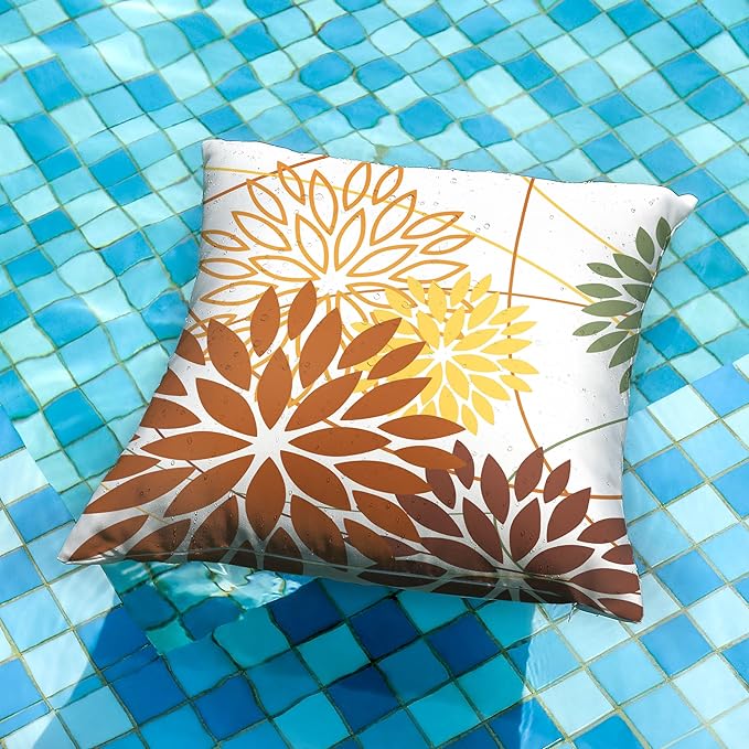 Brown and Yellow Floral Pillow Covers 20x20 Set of 2 Outdoor Waterproof Decorative Throw Pillows Summer Pillow Covers Polyester Cushion Case Decor for Couch Patio Funiture Garden Porch 011E20