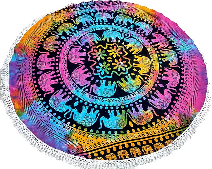 Round Beach Tapestry Turquoise Mandala Throw/Boho Hippie Beach Blanket Roundie/Indian Cotton Bohemian Large Round Table Cloth-Home Decor/Yoga Mat Meditation Picnic Rug (70", Multi Color)