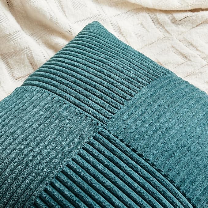 Fancy Homi 2 Packs Teal Decorative Throw Pillow Covers 18x18 Inch for Living Room Couch Bed Sofa, Rustic Farmhouse Boho Home Decor, Soft Corss Corduroy Patchwork Textured Square Cushion Case 45x45 cm