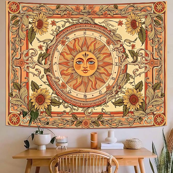 Accnicc Yellow Sun Tapestry Boho Floral Sunflower Plant Wall Tapestry for Bedroom Aesthetic Vintage Flower Celestial Small Tapestries Wall Hanging for Dorm Living Room Decor 60 x 44 Inch