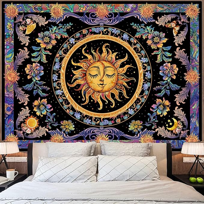 Accnicc Sun and Moon Tapestry Psychedelic Floral Plant Tapestries for Bedroom Aesthetic Hippie Boho Flower Tapestry Wall Hanging for Dorm Living Room (80'' × 60'')