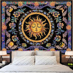 Accnicc Sun and Moon Tapestry Psychedelic Floral Plant Tapestries for Bedroom Aesthetic Hippie Boho Flower Tapestry Wall Hanging for Dorm Living Room (90'' × 68'')